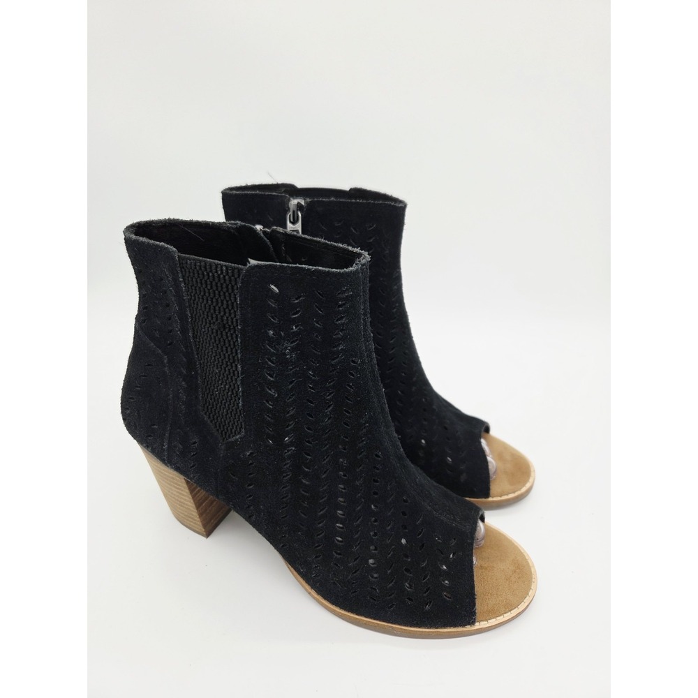 TOMS Majorca Peep Toe Women 9 Perforated Booties Black Suede Ankle Boots